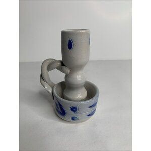 Vintage Hand-Carved Williamsburg Pottery Cobalt Salt Glazed Candle Holder